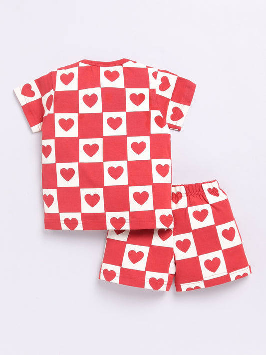 'Hearts' Red Cotton Half Sleeves Nightwear Set