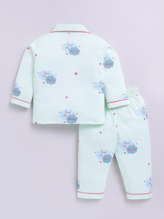 Sea Green Cotton Full Sleeves Graphic Nightwear Set