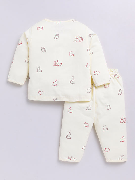 Cream Cotton Full Sleeves Rabbit Nightwear Set
