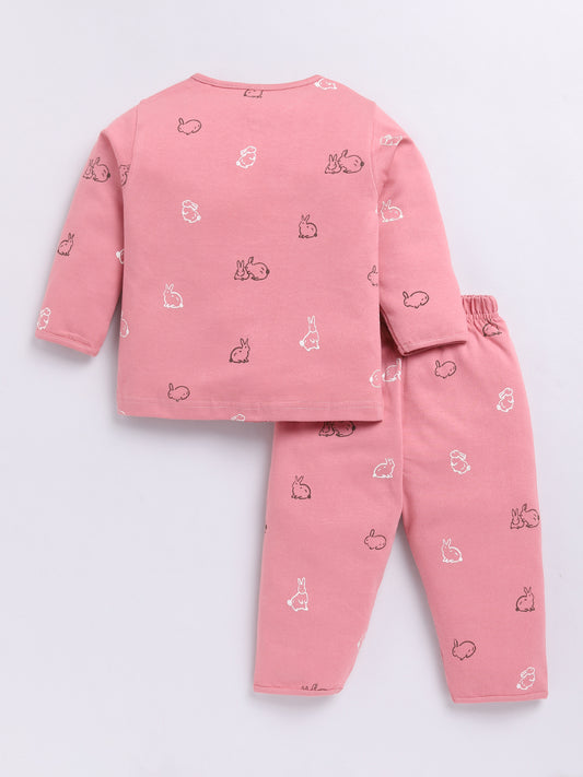 Pink Cotton Full Sleeves Rabbit Nightwear Set