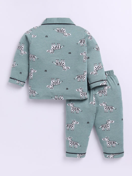 Green Cotton Full Sleeves Animal Nightwear Set