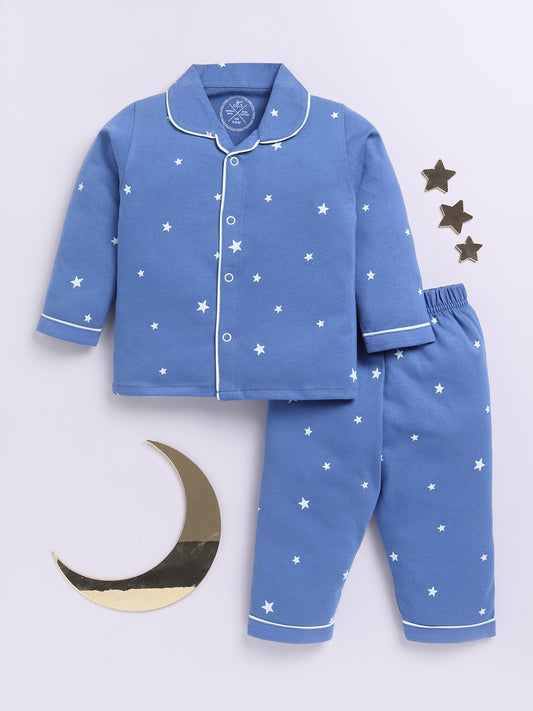 Blue Cotton Full Sleeves Starry Nightwear Set