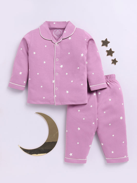 Purple Cotton Full Sleeves Starry Nightwear Set