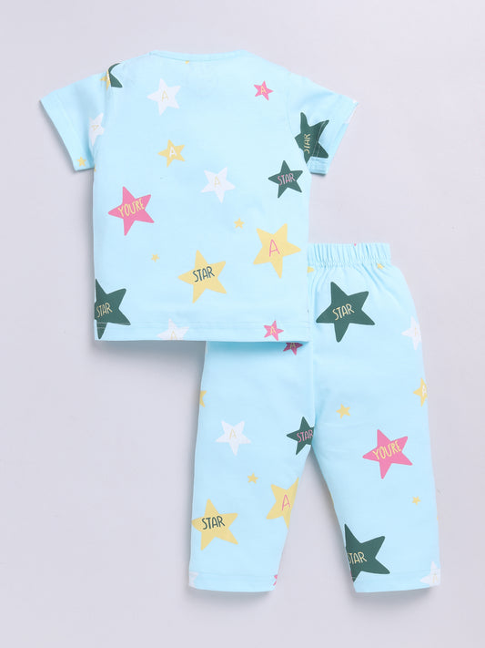 Starry Blue Cotton Half Sleeves Nightwear Set