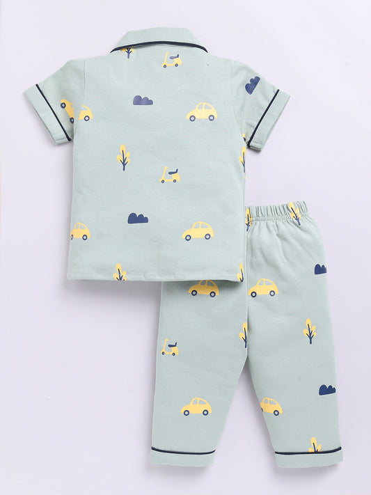 'Cars' Green Cotton Short Sleeves Nightwear Set