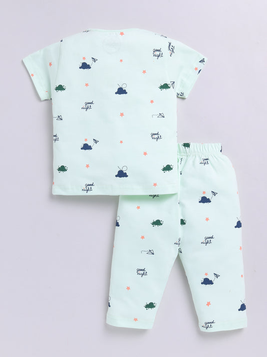 Lime Cotton Half Sleeves Graphic Nightwear Set