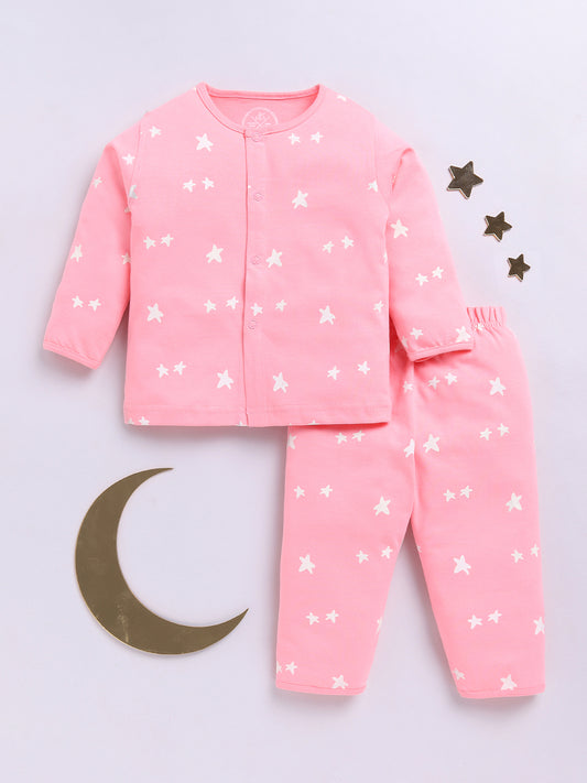 Starry Pink Cotton Full Sleeves Nightwear Set
