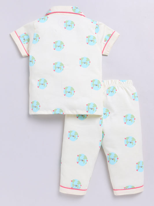 Planets Cream Cotton Half Sleeves Nightwear Set
