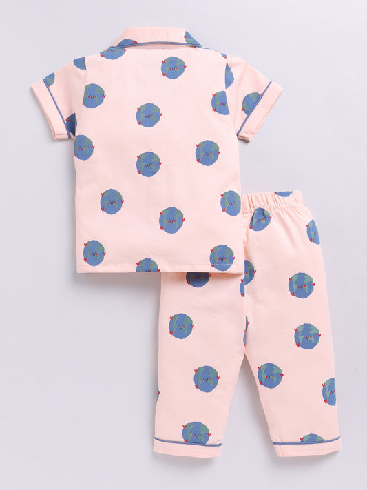Planets Peach Cotton Half Sleeves Nightwear Set