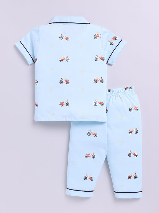 Blue Cotton Half Sleeves Graphic Nightwear Set