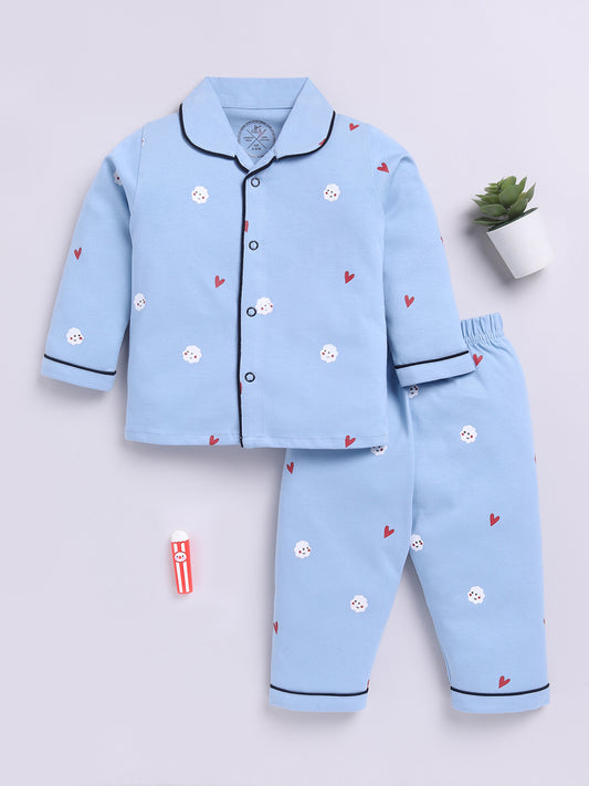 Popcorn Blue Cotton Full Sleeves Nightwear Set