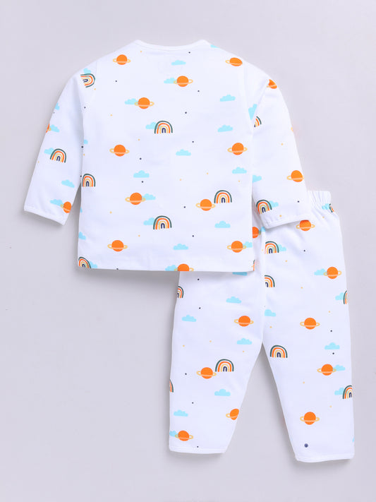 White Cotton Full Sleeves Graphic Nightwear Set