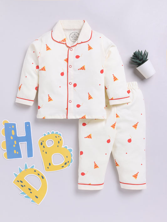Birthday Theme Cream Cotton Full Sleeves Nightwear Set
