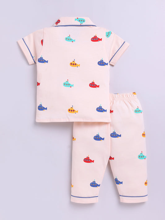 Beige Submarine Cotton Short Sleeves Nightwear Set