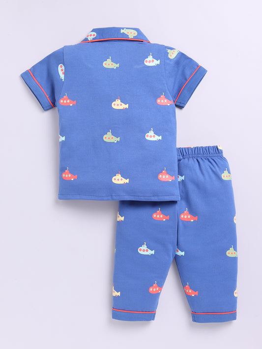 Blue Submarine Cotton Short Sleeves Nightwear Set