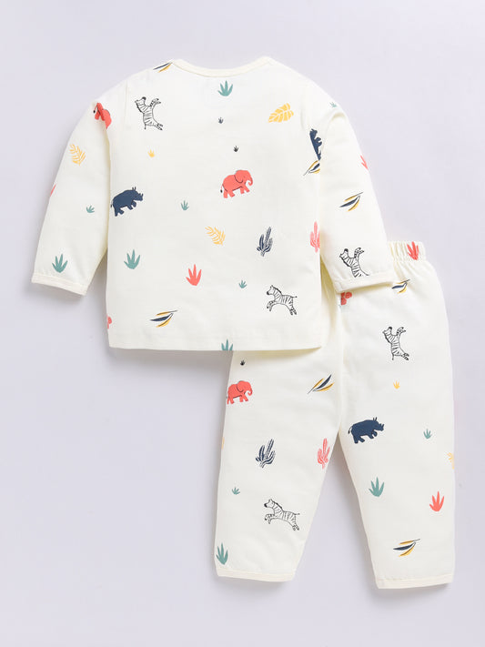 Cream Cotton Full Sleeves Animal Kingdom Nightwear Set