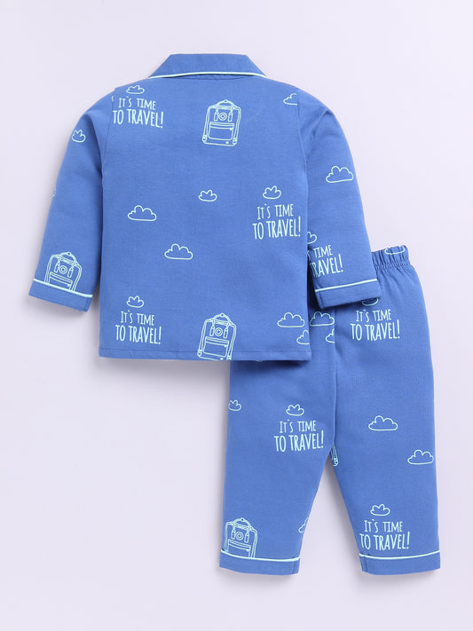 Blue Cotton Full Sleeves Typography Nightwear Set