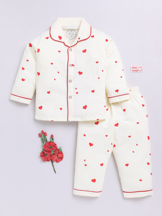 'Hearts' Cream Cotton Full Sleeves Nightwear Set