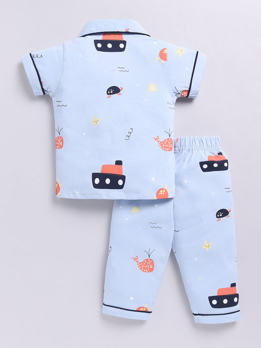 Blue Sea Life Cotton Short Sleeves Nightwear Set