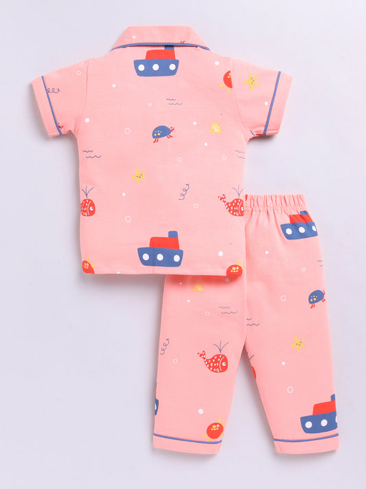 Peach Sea Life Cotton Short Sleeves Nightwear Set