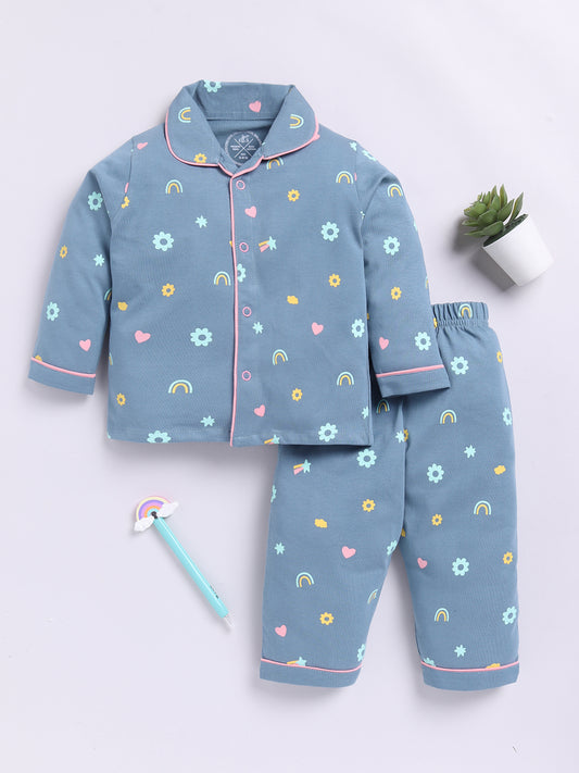 Blue Cotton Full Sleeves Typography Nightwear Set