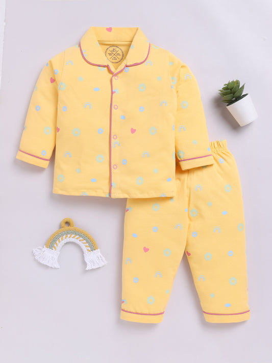 Yellow Cotton Full Sleeves Typography Nightwear Set