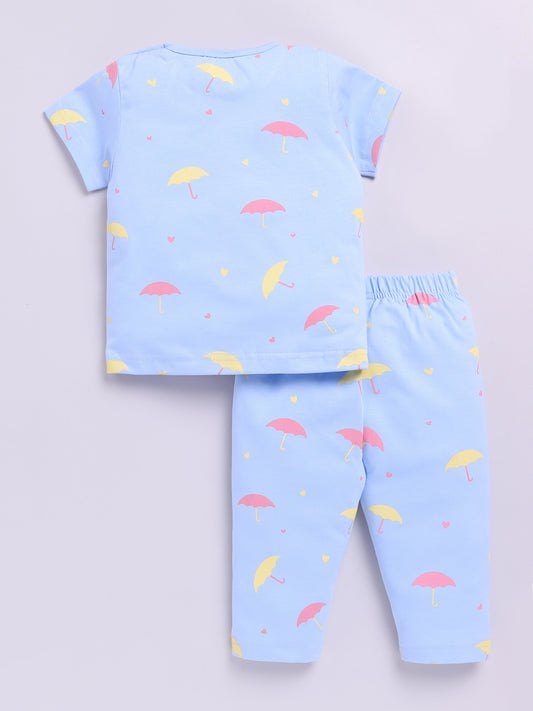 Blue Umbrella Cotton Half Sleeves Nightwear Set