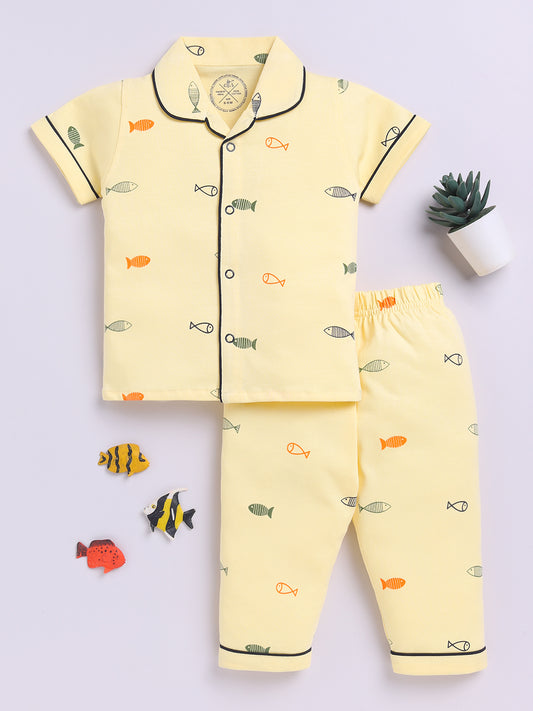 Sea theme Yellow Cotton Half Sleeves Nightwear Set