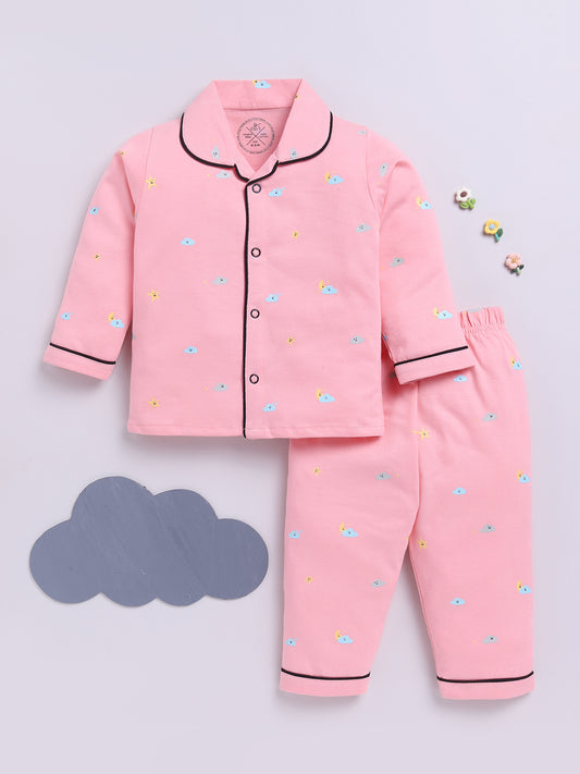 Pink Cotton Full Sleeves Typography Nightwear Set