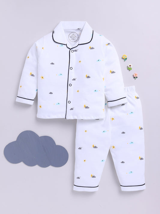 White Cotton Full Sleeves Typography Nightwear Set
