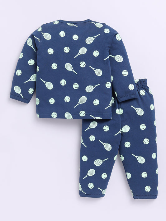 'Tennis" Blue Cotton Full Sleeves Nightwear Set