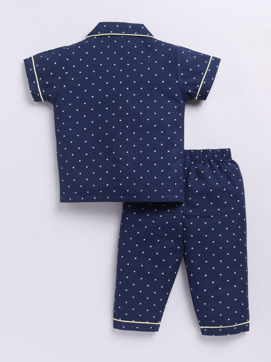 Blue Cotton Half Sleeves Polka Dots Nightwear Set