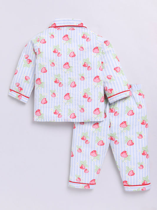 'Strawberries' Blue Cotton Full Sleeves Nightwear Set