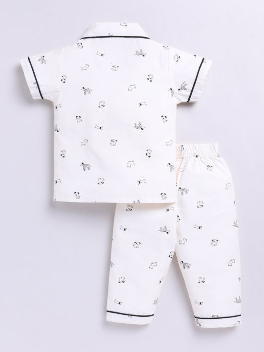 White Cotton Short Sleeves Animal Nightwear Set