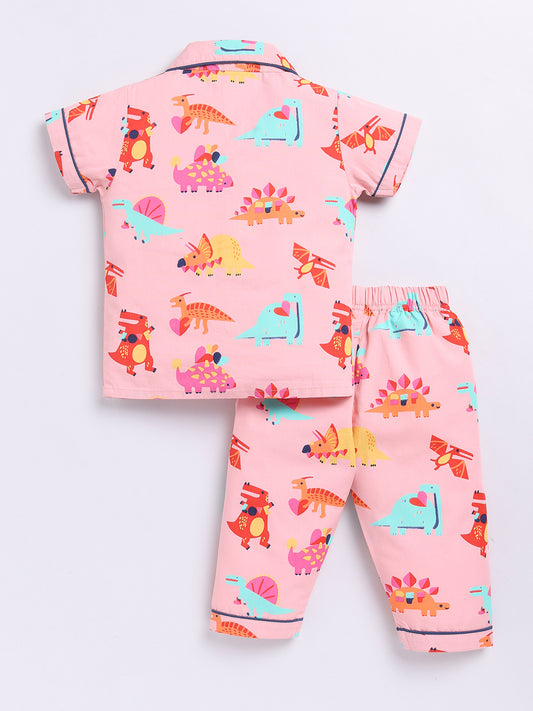 Pink Dino Cotton Half Sleeves Nightwear Set