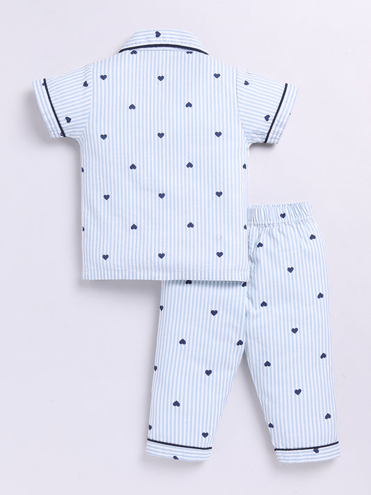 Blue Hearts Cotton Short Sleeves Striped Nightwear Set