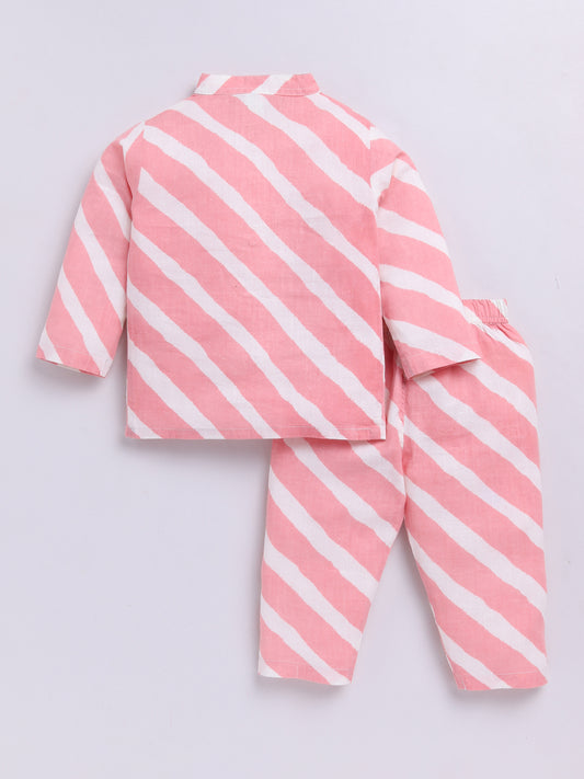Pink Cotton Full Sleeves Striped Nightwear Set