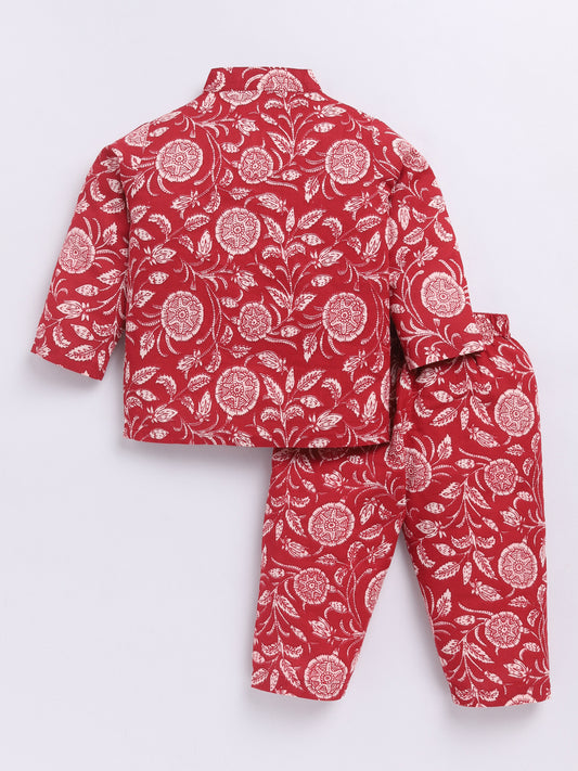 Red Cotton Full Sleeves Floral Nightwear Set