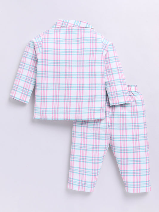 Pink Cotton Woven Checked Full Sleeve Night Suit