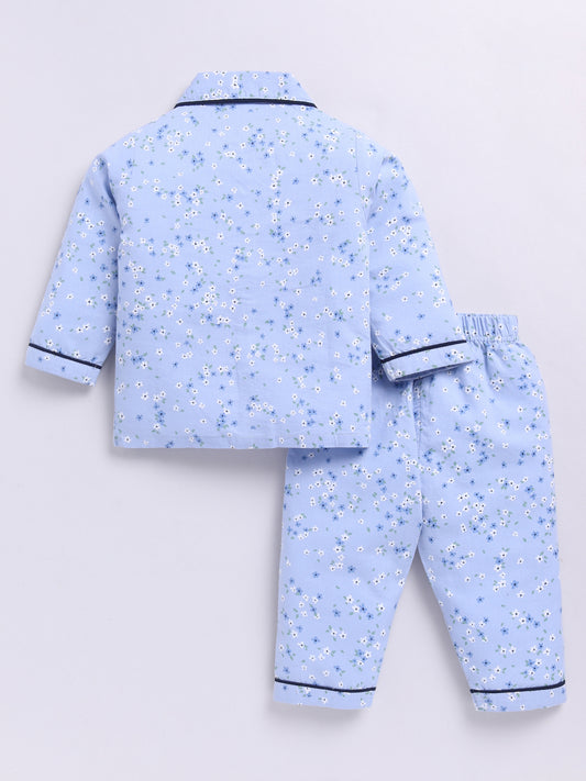 Blue Cotton Full Sleeves Floral Nightwear Set