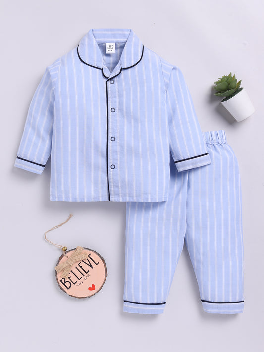 Blue Cotton Full Sleeves Striped Nightwear Set