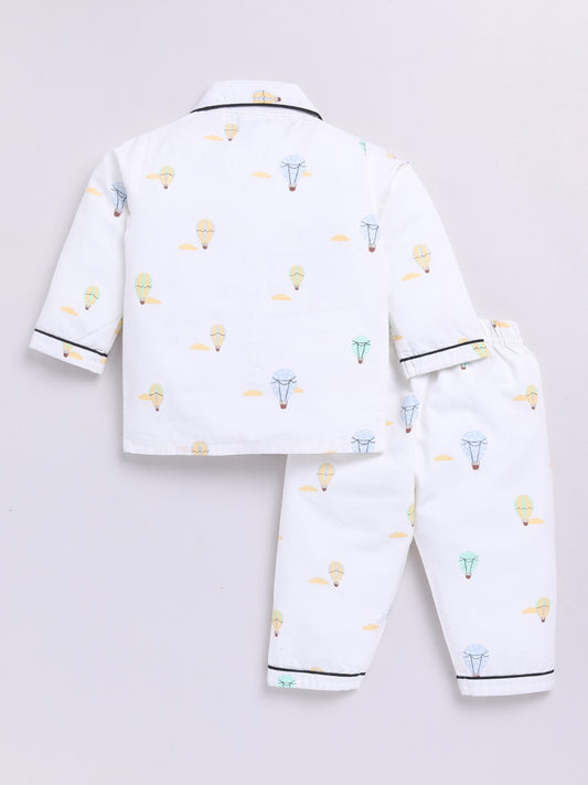"Hot air Balloon" White Cotton Full Sleeves Nightwear Set