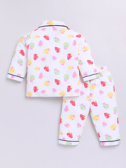 Fruity White Cotton Full Sleeves Nightwear Set