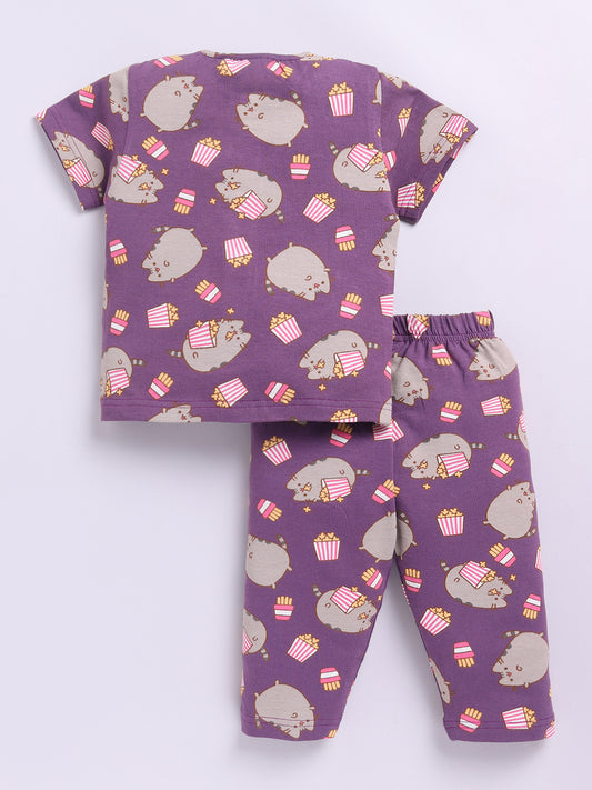 'Kitty' Purple Cotton Half Sleeves Nightwear Set