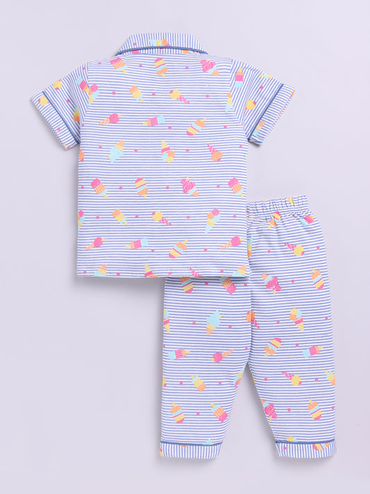 Ice Cream Blue Cotton Half Sleeves Nightwear Set