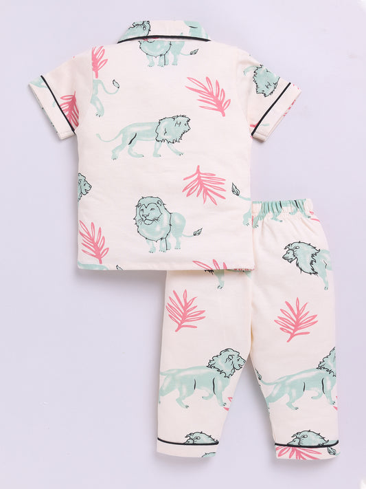 Cream Animal Kingdom Cotton Half Sleeves Nightwear Set