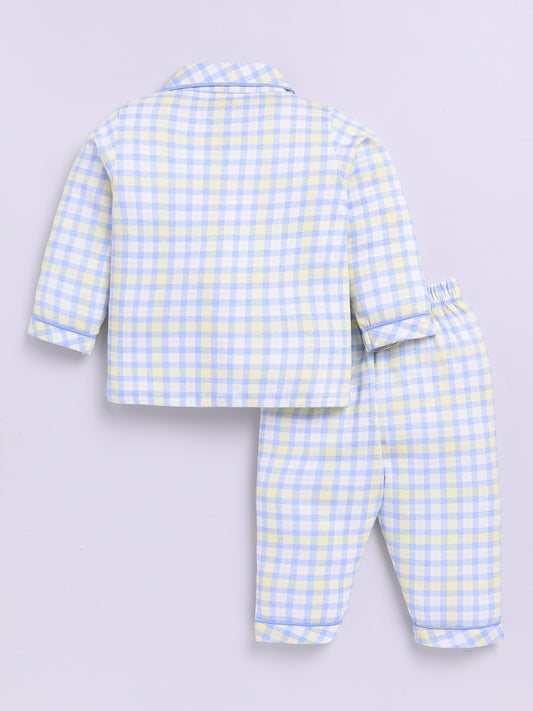 Blue Cotton Full Sleeves Checked Nightwear Set