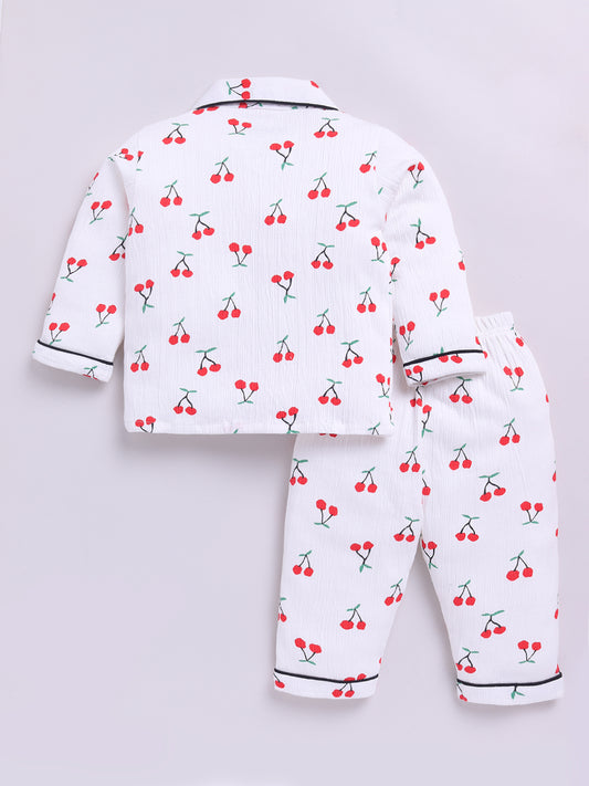 Cherry White Cotton Full Sleeves Nightwear Set