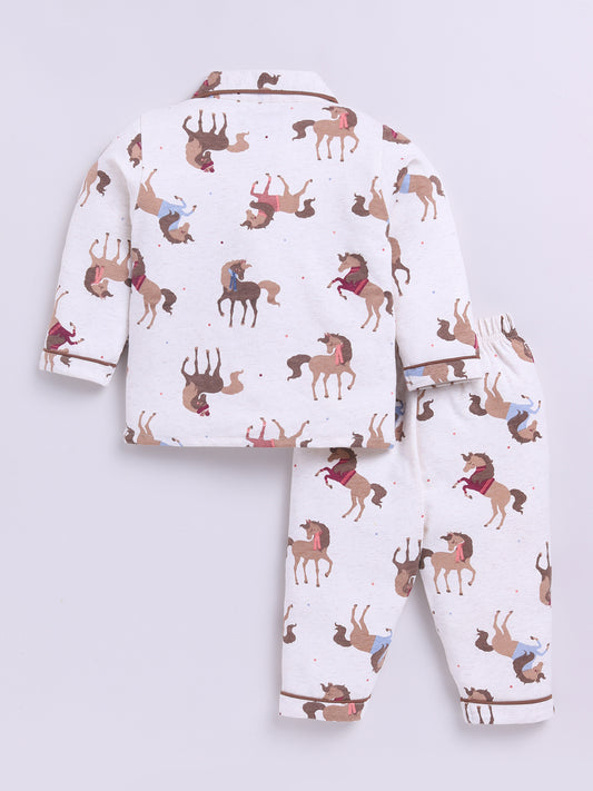 'Horses' Cream Cotton Full Sleeves Nightwear Set