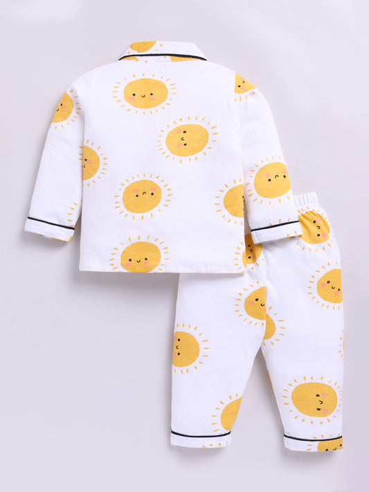 'Sunny' White Cotton Full Sleeves Nightwear Set